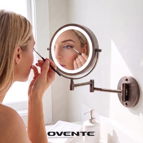 Wall Mounted Lighted Makeup Mirror - 7 Inch, 8.5 x 6.8 Inches, 7X Magnification, Antique Bronze