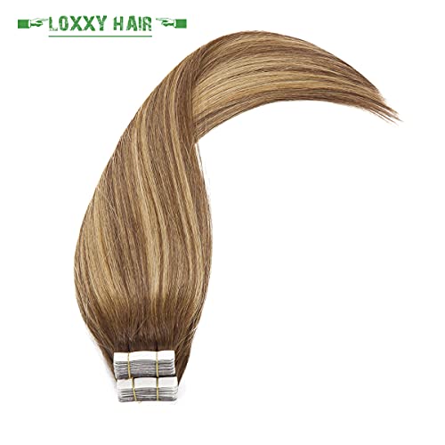 Hair Extensions Tape in Human Hair 14 Inch Chocolate Brown & Caramel Blonde - 20pcs