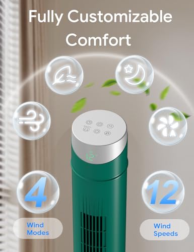 Green 36-Inch Tower Fan with Remote, App Control & Upgraded DC Motor