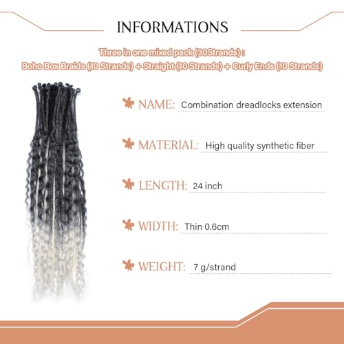 White Dreadlock Extensions 3 in 1 24 Inch, 30 Strands - Gray/White Mixed Variation