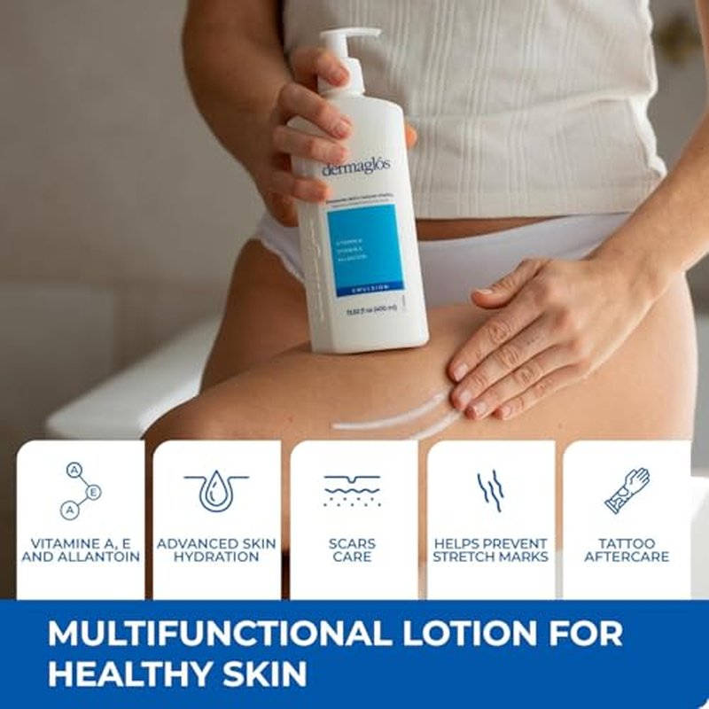 Dermaglos 2-pack Moisturizing Body Lotion for Dry Skin with Extra Vitamin A, Vitamin E & Allantoin | Hydrating & Regenerating formula for Stretch Marks, Tattoos, Scars & Wrinkles | 13.52 Fl Oz.