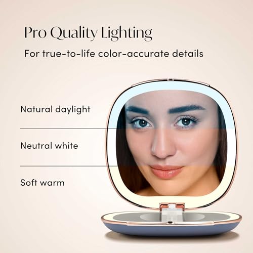 Fancii Mila 2 LED Lighted Compact Makeup Mirror, Rechargeable, 10x /1x Magnifying, Tru-Glow Light System, Vegan Leather, Small Travel Mirror for Purses (Harbor Blue)