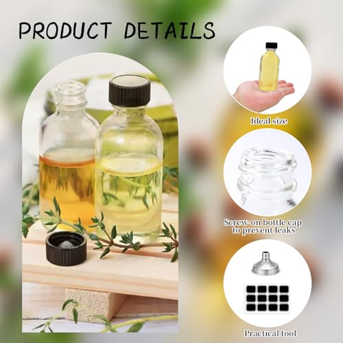 50 Pcs 1 oz Clear Glass Bottles with Black Caps & Funnels for Essential Oils & Samples