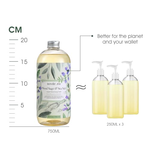 ROMIIE ZOI Hand Soap Refills Set ? Wood Sage & Sea Salt Scent ? 3-Pack 750ML Bottles ? Natural Cruetly Free Gentle Cleanse for Sensitive Skin ? Ideal Gift for Home, Bathroom, Kitchen