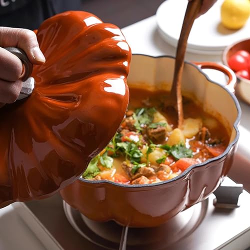 Lebolna 4 Qt Pumpkin Dutch Oven Pot with Lid - Orange Enamel Cast Iron, Halloween & Holiday Kitchenware