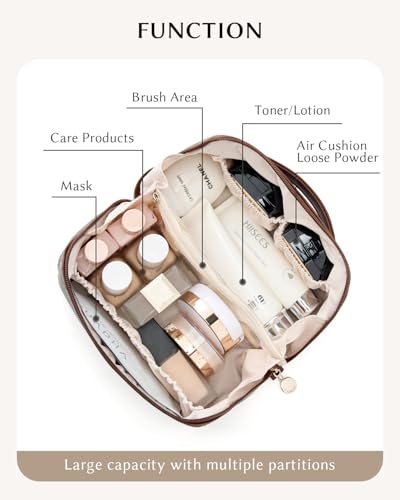 Yikisite Boho Brown Medium Makeup Bag – Travel Toiletry Organizer with Divider, Waterproof PU Leather
