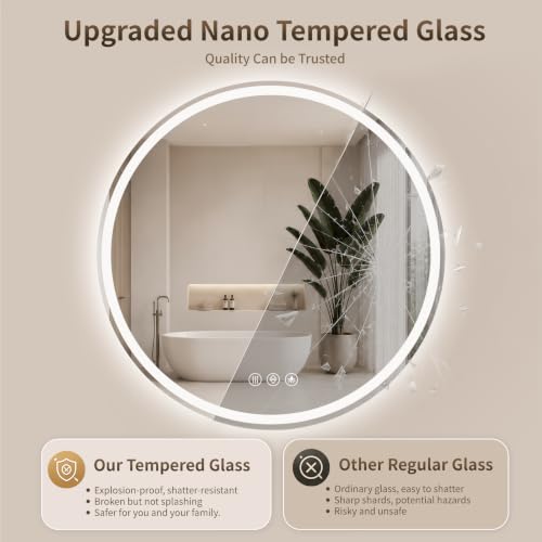 20 Inch Round Frameless LED Bathroom Mirror with Lights & Anti-Fog - Dimmable 3 Color Temp