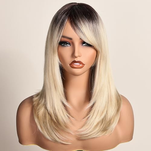 Balayage Layered Bob Wig - Ombre Blonde with Black Roots, Honey Blonde Highlights, 18 Inch Synthetic Wig with Thick Bangs & Curved Tail - Honey Blonde Variation