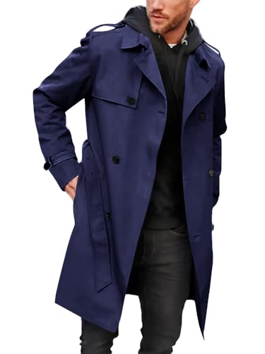 Men's Navy Blue Trench Coat Long Windproof Jacket with Belt - Large