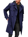 Men's Navy Blue Trench Coat Long Windproof Jacket with Belt - Large