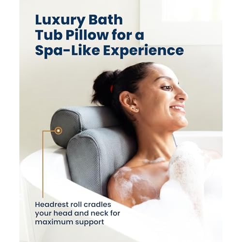 Everlasting Comfort Luxury Bath Pillows for Tub with Head and Neck Support - Non-Slip Bathtub Pillow with Suction Cups, Quick-Drying Mesh & Drying Hook - Jacuzzi & Spa Accessories for Women - Gray