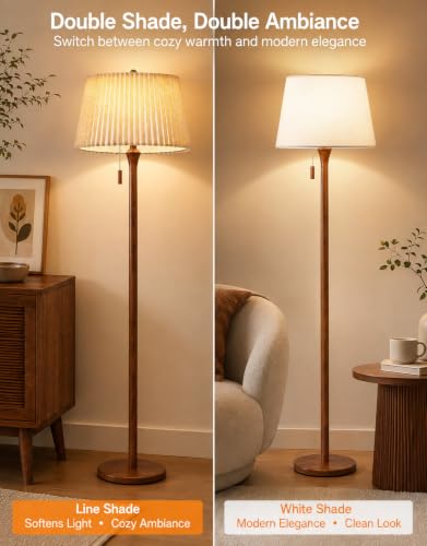 OUTON Walnut Wood Farmhouse Floor Lamp with Remote Dimmable & Dual Shades