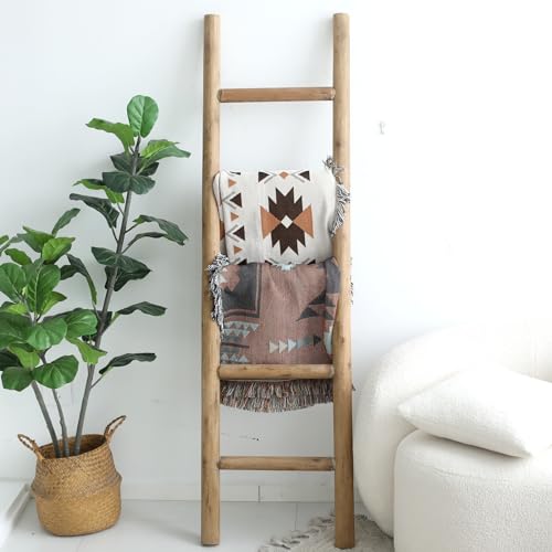 Rustic Solid Wood Blanket Ladder - 57 Inch Farmhouse Decorative Ladder with Brown Finish - Medium Knock Down