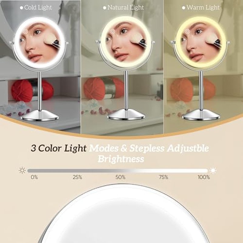 10X Lighted Makeup Mirror with Magnification 8" Stand Up Double Sided Magnifying Mirror with Lights 3 Color Brightness Adjustable Table Light up Mirror 360¡ÆSwivel Rechargable Light up Mirror
