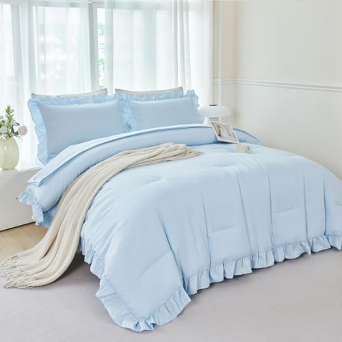 ANGIYUIN Light Blue Queen Comforter Set 5Pcs Ruffle Bedding Vintage Farmhouse Bed in a Bag for Girls Women