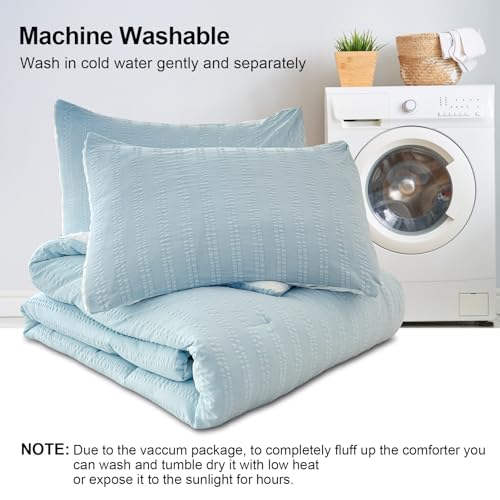 Full Size Light Blue Boho Comforter Set 3 Pieces - Striped Pleats All Season Bedding