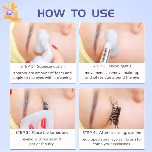 Vemofoper Lash Shampoo for Lash Extensions, Eyelash Extension Cleanser 60ml + Rinse Bottle + Brushes, Lash Bath for Eyelash Extensions, Lash Cleaner, Paraben & Sulfate Free, Salon and Home Use