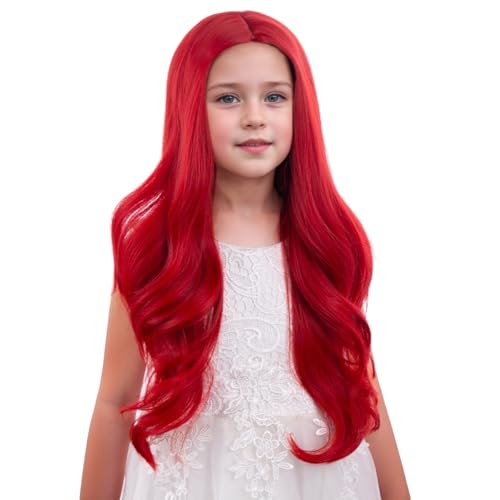 Girl Bright Red Wavy Curly Wig for Kids - Long Hair, Secure Fit, Heat-Resistant Synthetic