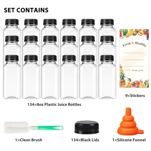 8oz Plastic Juice Bottles with Caps - 134 Pack, Reusable Food Storage Containers