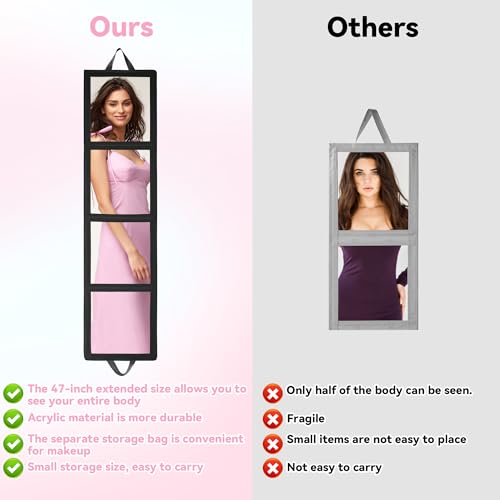 ROYALAY Black Foldable Full Length Body Mirror with Handle, 47x13in, Portable Travel Dance & Dressing Mirror