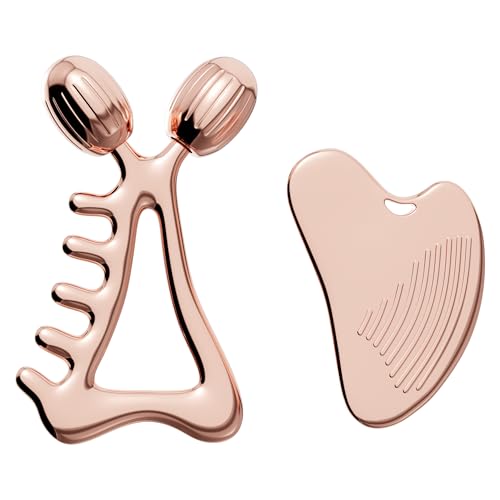 Gua Sha Facial Tools & Face Roller Set - Rose Gold Stainless Steel for Lymphatic Drainage & Face Sculpting