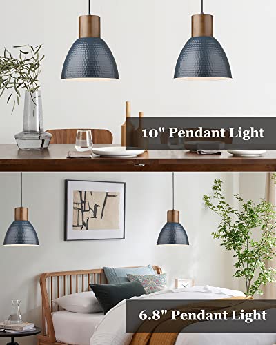 Blue 2 Pack Modern Hammered Pendant Lights - Adjustable Wood & Metal Fixture for Kitchen & Dining