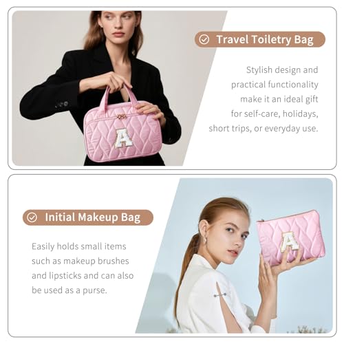 Personalized Pink Hanging Toiletry Bag with Initial M - Gift for Women & Teen Girls