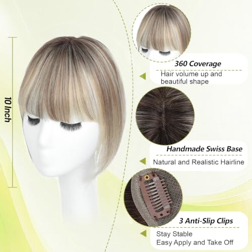 10-Inch Human Hair Topper for Women with Bangs - Ombre Light Brown & Blonde Highlights