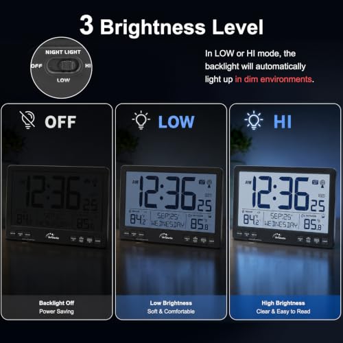Extra Large Atomic Wall Clock with Backlight, Indoor Outdoor Temp, Battery Operated