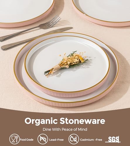 GBHOME Stoneware Dinnerware Set for 4 - 12 Pieces Pink Ribbed Plates & Bowls