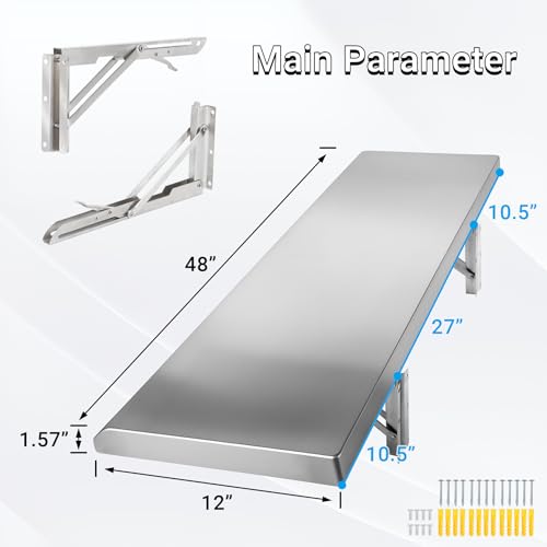 48x12-Inch Folding Concession Shelf Stainless Steel Wall Mount Kitchen Garage