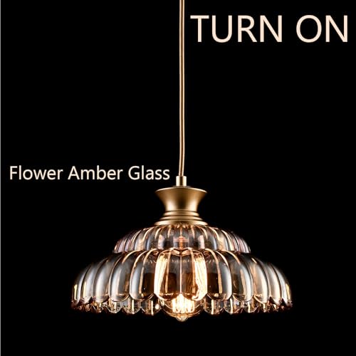 Vintage Amber Glass Pendant Light with Adjustable Brass Chain - Floral Design