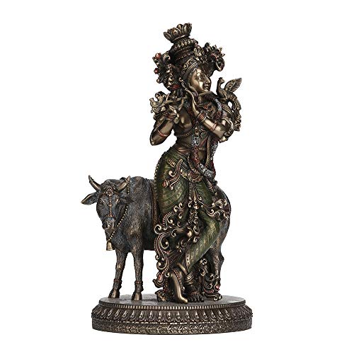 Krishna Playing Flute with Holy Cow Sculpture - Hindu Mythology Decor