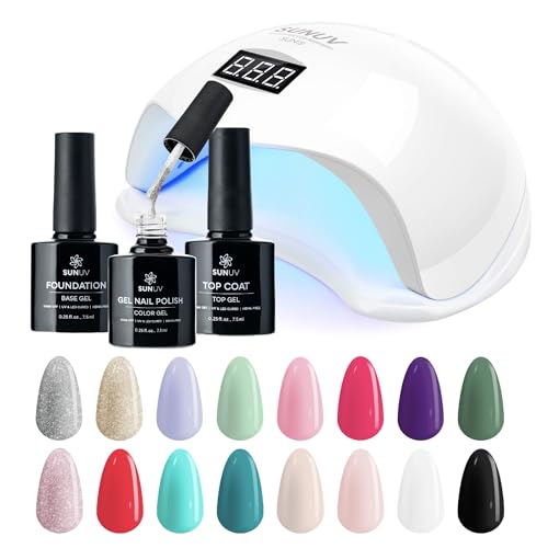 SUNUV UV LED Light for Nails SUN5, UV Light Nail Lamp with Timer Settings Gel Nail Polish Kit, 16 Colors Gel Polish Set