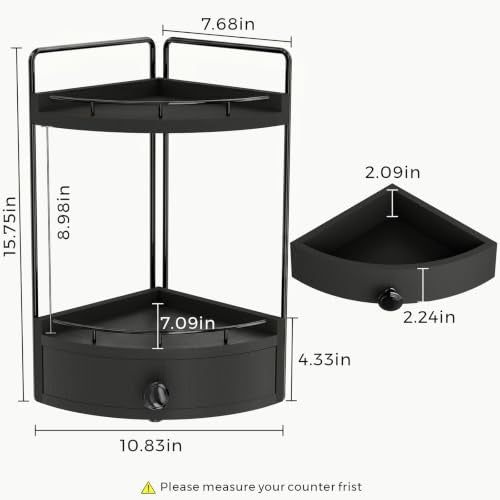 2-Tier Corner Bathroom Counter Organizer with Drawer - Black