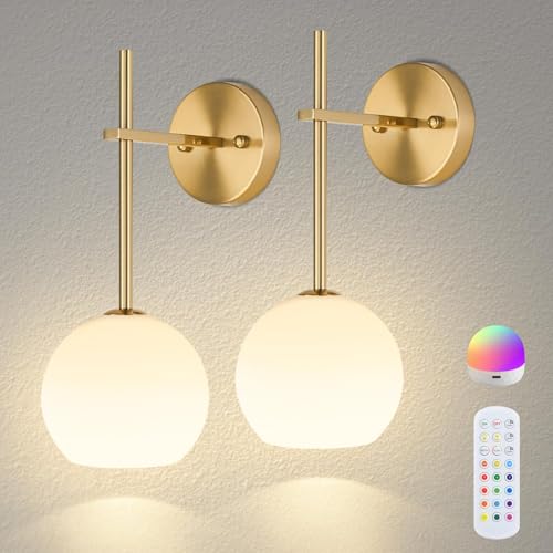 Gold Wireless Rechargeable Wall Sconces Set of 2 with Remote, Dimmable RGB & CCT for Home Decor