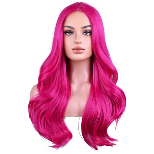 BERON Rose Red Long Curly Wavy Wig for Women Girls 24 Inch Heat-Resistant Synthetic Fiber