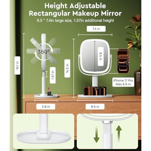 Height Adjustable Lighted Makeup Mirror with Lights and Magnification, 1X 20X Magnifying Mirror with Light 4000mAh Rechargeable, Tray Base and Phone Stand for Desk, Gifts for Women (White)