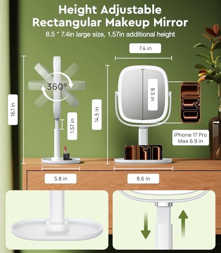 Height Adjustable Lighted Makeup Mirror with 20X Magnification - White