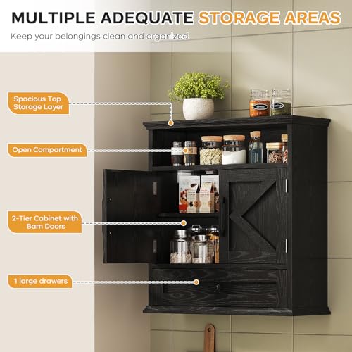 Viroformo Black Farmhouse Wall Cabinet with Barn Doors & Adjustable Shelves