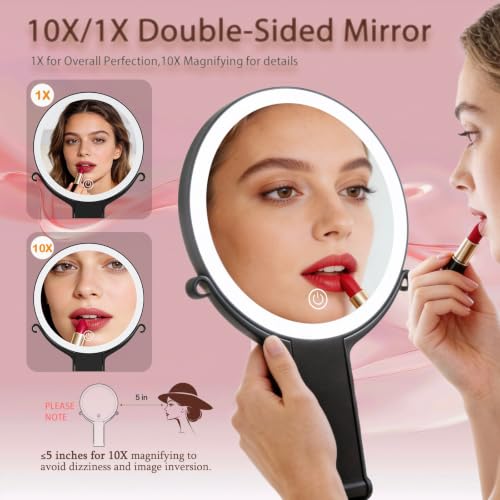 Travel Makeup Mirror with Lights & Foldable Stand - Black 1X/10X Magnification