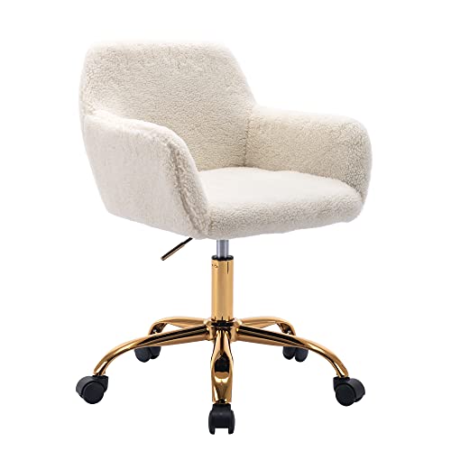 Faux Fur Office Desk Chair with Wheels and Adjustable Height - White with Gold Base Variation
