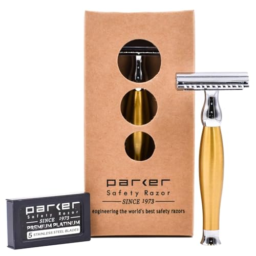Parker 48R Heavyweight 3-Piece Double Edge Razor ? Matte Gold Finish with 5 Premium Platinum Double Edge Razor Blades - Delivers a Barber Shop Quality Shave