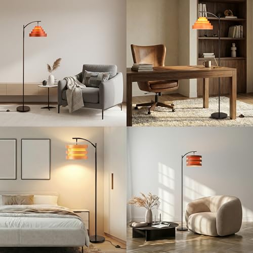 O’Bright Strata Wooden Floor Lamp - Mid Century Modern Standing Lamp with Layered Horizon Shade - Black & Light Oak