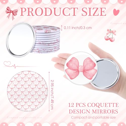Chunful 24 Pcs Coquette Bow Party Favors 12 Canvas Makeup Bags 12 Aesthetic Compact Mirror Zipper Pouch Round Pocket Mirrors for Women Guests Quinceanera Party Favors(Pink,Cute Style)