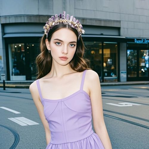 Women Raw Amethyst Headband with Pearl Flower for Bridal & Wedding - Purple Variation