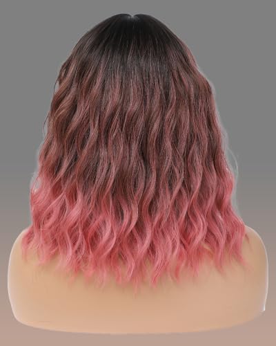Ombre Pink Wig with Bangs - 14 Inch Short Wavy Curly Bob Hair for Women (Variation: Ombre Pink)