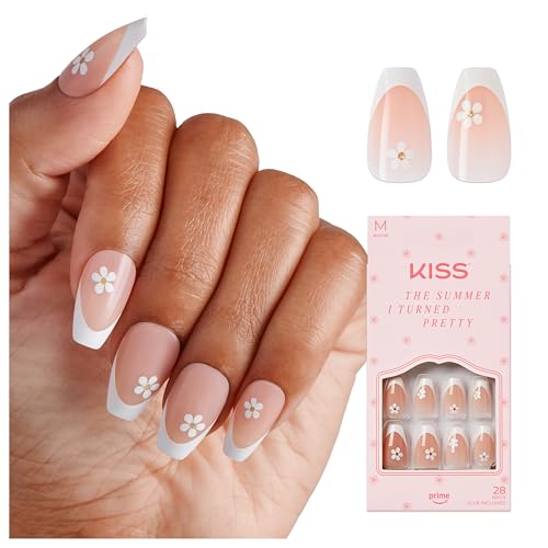 KISS | The Summer I Turned Pretty French Tip Press On Nails, ¡®Sunlit Days¡¯, Medium Coffin, Includes Pink Gel Nail Glue (2g), Mini Nail File, Cuticle Stick, & 28 Fake Nails