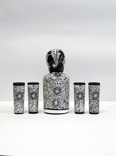 Black Tequila Decanter Set with Skull Shot Glasses and Mexican Sombrero - Hand-Painted Bar Decor