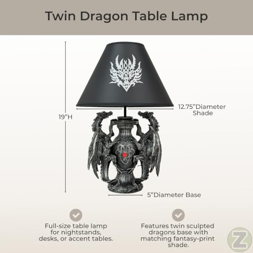 Dragon Table Lamp Gothic Guardians with Black Fabric Shade - 19 Inch Decor